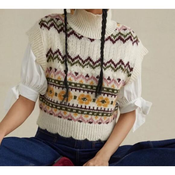 NWT Anthropologie Cropped Knit Scalloped Sleeveless Geometric Sweater XS $98 - Picture 2 of 12